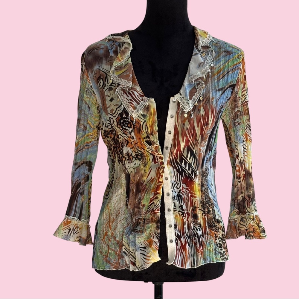 Y2K Bay Studio Abstract Mesh Top | Sheer Fairycore Bell Sleeve Blouse